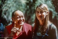 (12548_pr-3.psd) Lama Yeshe and Judy Weitzner on the land of Vajrapani Institute, CA, 1977. Judy Weitzner (donor)