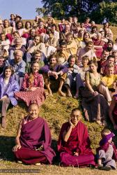 Lama Yeshe and Lama Zopa Rinpoche in a group photo from the 8th Meditation Course at Kopan Monastery, Nepal, 1975.