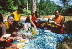 (12645_sl.jpg) Picnic with the lamas, Lake Arrowhead, 1975. From left to right: Thubten Wongmo (Feather Meston), Max Mathews, Nick Ribush, and Lama Yeshe. This photo is from a three week retreat the lamas taught at Camp Arrowpines on Lake Arrowhead, east of Los Angeles, USA, 1975. Photo by Carol Royce-Wilder.