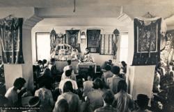 (13302_pr-2.psd) Lama Zopa Rinpoche doing puja (spiritual practice) during the Fourth Meditation Course, Kopan Monastery, Nepal, 1973. Photo by Brian Beresford.