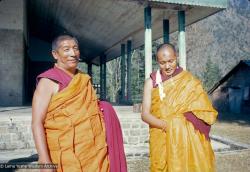 (15067_sl-4.psd) Geshe Rabten and Lama Yeshe after the first ordination of a group of western students, Dharamsala, India, 1970. The smudge on Lama's forehead is from prostrating to his teacher, Geshe Rabten.