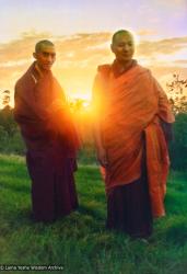 (15124_pr.psd) Lama Zopa Rinpoche and Lama Yeshe at dawn, Chenrezig Institute, Australia, 1975. Photo by Nick Ribush, taken on Saka Dawa at Chenrezig Institute, Australia, 1975. Restoration by David Zinn. Archival portrait available through Heart of the Moon Media (www.heartofthemoon.com).