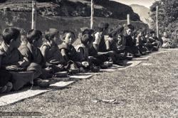 (15157_ng.psd) Mount Everest Centre students having lunch at Kopan Monastery, Nepal, 1972.