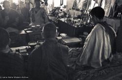 (15160_ng.psd) Mount Everest Center at Kpoan Monastery, 1972: installing the portrait of His Holiness the Dalai Lama in the Kopan Gompa. Lama Yeshe and Lama Zopa with other monks offering prayers.