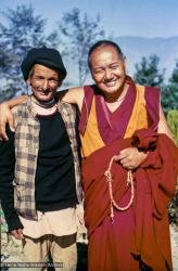 (15222_ng-3.psd) Lama Yeshe and Chowkidhar, possibly 1978. Chowkidhar was elderly Nepalese man and devout Hindu who lived with his wife in a mud hut at the foot of Kopan Hill, Kopan Monastery. They owned one cow. Everyone called him Chowkidhar, the Nepali word for "caretaker." Chowkidhar became Lama Yeshe's life-long friend.