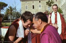 (15248_ng.tif) Lama Yeshe with Steve Carlier as Francesco Prevosti looks on. Istituto Lama Tzong Khapa, Italy, 1983. Photos donated by Merry Colony.