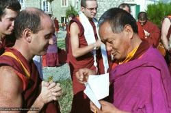 (15249_ng.psd) Lama with Nick Ribush, Francesco Prevosti background, Steve Carlier to left. Lama Yeshe addressing western monks and nuns at Istituto Lama Tsongkhapa, Italy, 1983. Photos donated by Merry Colony.