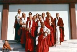 (15469_ud.psd) Ordination photo of western Dharma students including Gareth Sparham, Marcel Bertels, Ama-la (Mother of Lama Zopa), Nick Ribush, Nicole Couture, Thubten Pemo (Linda Grossman), Thubten Pende (Jim Dougherty), Ursula Bernis, Thubten Wongmo  (Feather Meston), Yeshe Khadro (Marie Obst) and Daja Meston (Thubten Wangchuk), son of Wongmo, on the steps to the left. It is interesting to note that Lama Yeshe and Lama Zopa Rinpoche are both in the photo, but hiding behind the heads of the new