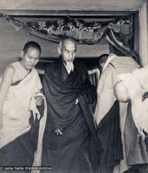 (15485_pr.psd) In April of 1974, H. H. Zong Rinpoche, a senior lama and teacher for Lama Yeshe, visited Kopan Monastery, Nepal, in time to give teachings during the last week of the Sixth Meditation Course. Photo includes Lama Yeshe on the left.