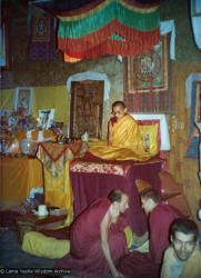 (15592_pr.tif) Lama Zopa Rinpoche teaching. Photo from the 8th Meditation Course at Kopan Monastery, Nepal, 1975. In the foreground is Nick Ribush, Marcel Bertels, and Stefano Piovella.