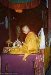 (15595_pr.tif) Lama Zopa Rinpoche doing a mandala offering. Photo from the 8th Meditation Course at Kopan Monastery, Nepal, 1975.