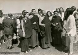 (15839_pr.psd) The lamas arriving at Maroochydore airport, Queensland, Australia, 1974. Left to right: Yeshe Khadro, Anila Ann, Lama Yeshe, Ellie Pratt, Lama Zopa, Lindsay Pratt, Pete Northend (with long hair), Kathy and Tom Vichta.