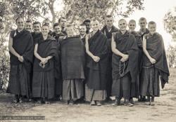 (15858_ng.JPG) International Mahayana Institute monks and nuns with some lay friends, Kopan 1974. From left to right: Nick Ribush, Bonnie Rothenburg, Nicole Couture, Tubten Pende (back), Thubten Wongmo, Thubten Chokey, John Feuille, Suzanne Lee (Jampa Chozom),  Yeshe Khadro, Yogi, Steve Pearl (Malasky), Ngawang Khedup, Ngawang Chotak (Chris Kolb), Thubten Pemo, Marcel Bertles, and Sangye Khadro (Kathleen McDonald).