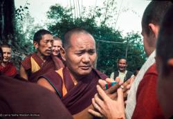 (15877_sl.tif) Lama Yeshe returns from his first international tour to Kopan Monastery, Nepal, 1974. Behind him is Yeshe Khadro, Lama Pasang, Ursula Bernis, and Chowkidar.