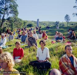 (15966_ng.tif) On Saka Dawa (the celebration of Buddha's birth, enlightenment, and death), Lama Yeshe asked everyone to come outside after a Guru Puja for a meditation on the hill behind the gompa. Chenrezig Institute, Australia, May 25, 1975. Photo by Wendy Finster.