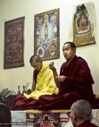 (15999_pr-3.psd) Lama Yeshe teaching with Lama Zopa Rinpoche at a two-week course at Louie-Bob Wood's Bodhicitta Center in Brown County, Indiana, 1975.