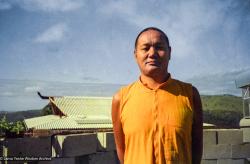 (16665_ng.tif) Lama Yeshe at the back of the new gompa, Chenrezig Institute, Eudlo, Australia, 1975. LYWA collection.