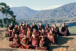 (16761_sl.psd) Sangha at Kopan Monastery, Nepal, 1976. Front row: Bonnie Rothenberg (Konchog Donma or KD), Susie Albright, Sangye Khadro (Kathleen McDonald), Thubten Pemo (Linda Grossman) Second row: Yeshe Khadro (Marie Obst), Dieter Kratzer, John Feuille, Thubten Pende (Jim Dougherty), Adrian Feldmann (Thubten Gyatso), Jeffery Webster  Back row: Nicole Couture, Thubten Yeshe (Augusta Alexander or TY), Margaret McAndrew, Thubten Wongmo (Feather Meston), Roger Kunsang, Nick Ribush, Scott Brusso, 