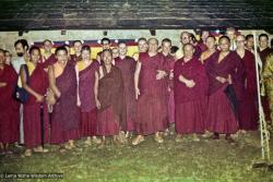 (16773_sl-3.psd) Group photo from the consecration of Inji Gompa, including from the left: Margaret McAndrew, Ven. Nawang, Nick Ribush, Losang Gyeltsen, Bonnie Rothenberg (Konchog Donma or KD), Ani Jenni, Angeles de la Torre, Spring Chokyi Livingston, Ani Ursula,  Tsenshab Serkong Rinpoche, Jeffrey Webster, Geshe Dhargyey, Mike Lewis, Glen Mullins, Geshe Jampa Tegchok, Dieter Kratzer, and Elizabeth Drukier. In 1976, the Sangha set about rebuilding some property in McLeod Ganj for retreat purpose