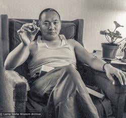 Lama Yeshe holding Tara statue, UCSC (University of Calif. at Santa Cruz), 1978. Photo by Jon Landaw.