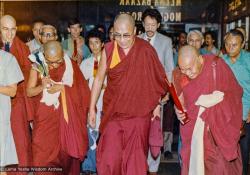 (18435_pr-3.psd) Lama Yeshe and Lama Zopa Rinpoche with H.H. 14th Dalai Lama at Third Dharma Celebration, Oberoi Hotel, New Delhi, India, 1983. Bill Kane (photographer)