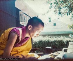 (32742_pr.tif) Lama Zopa Rinpoche reading a text, Fair Lawn, New Jersey, USA, 1974. LYWA collection.