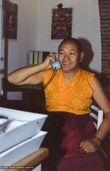 (38607_ng.jpg) Lama Yeshe with telephone, Istituto Lama Tzong Khapa, Pomaia, Italy, 1983. LYWA collection.