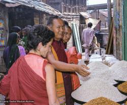 (39262_pr-3.JPG) Lama Yeshe shopping with Lama Zopa Rinpoche and Jampa Chökyi (Helly Pelaez), Kangra, India, 1982