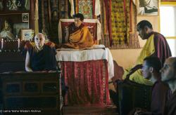 (39326_sl-3.jpg) Freda Bedi giving a Dharma teaching, Kopan Monastery, with Lama Zopa Rinpoche and Lama Yeshe, 1976.