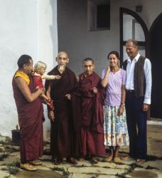 (39414_sl-3.jpg) Lama Yeshe is holding Daniel Tilopa Van Pallandt, child of Frederik van Pallandt, with Zong Rinpoche, Lama Zopa Rinpoche, Maria and Frederick, Ibiza, Spain, 1978.