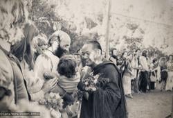 (39443_ud-3.psd) Lama Yeshe, Dorian Ribush holding Ling, Alison Ribush with Kalu just behind Dorian, Chenrezig Institute, Australia, 1979.