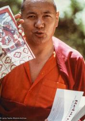 (40794_pr.jpg) Lama Yeshe's first visit to Vajrapani land, Boulder Creek, California, 1977. Lama asked where the property boundary was and went running up to the highest point on a steep ridge. In some places the land was almost vertical. Lama gave a teaching then and there in a small redwood grove on the property. Wanda Sisnroy (donor)