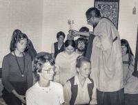 Lama Zopa Rinpoche giving initiation, Maitreya Institute, Bruchem, Netherlands, 1981. Photo: Jan-Paul Kool.