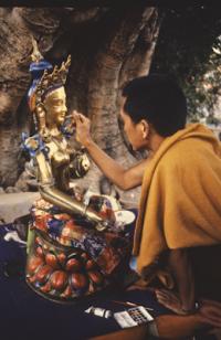  Lama Zopa Rinpoche painting Tara, Kopan Monastery, Nepal, 1976. Photo: Peter Iseli.