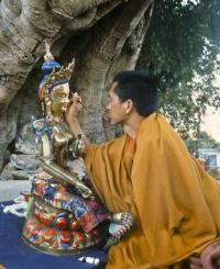 Lama Zopa Rinpoche painting Tara, Kopan Monastery, Nepal, 1976. Photo: Peter Iseli.
