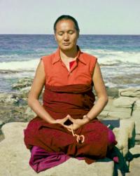 Lama Yeshe meditating by the ocean at Maroochydore, Australia, 1974.