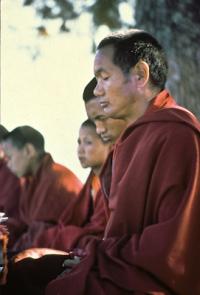(15865_sl.tif) Lama Yeshe and Lama Zopa Rinpoche meditating with Mount Everest Center students, Kopan Monastery, Nepal, 1974.