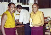 Geshe Sopa and Lama Yeshe with Elvin Jones, in Madison, Wisconsin, 1975. Photo by George Propps.