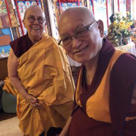 Lama Zopa Rinpoche with Robina Courtin at Kopan Monastery, Nepal, December 2019. Photo: Roger Kunsang.