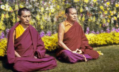 Lama Zopa Rinpoche and Lama Yeshe meditating in Delhi, India, 1975. Photo: Nick Ribush.